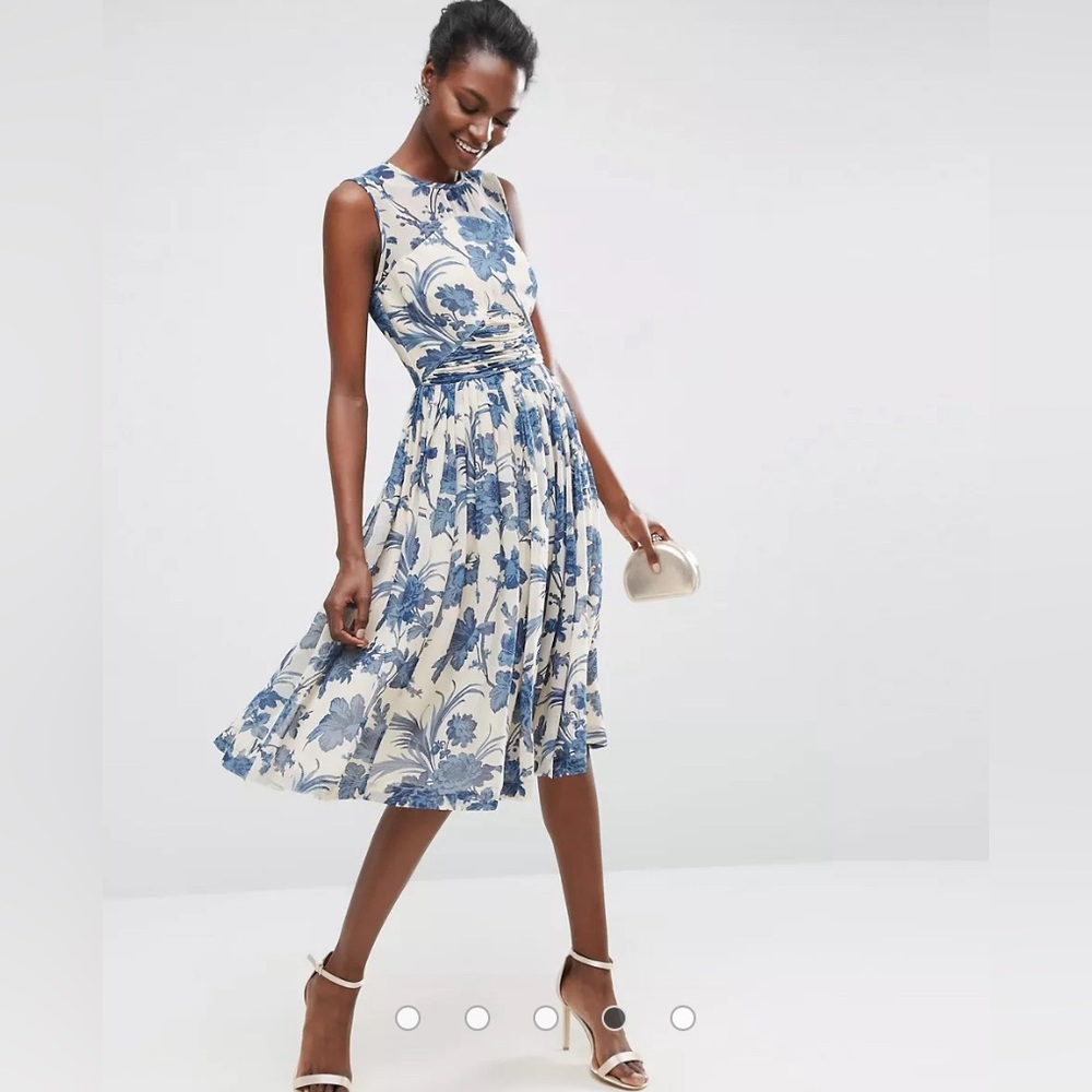 ASOS Midi Dress With Ruched Panel Detail in China Blue Print